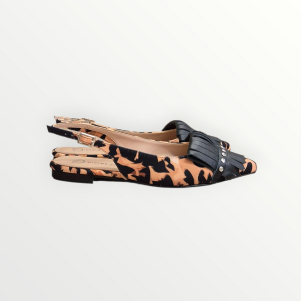SLINGBACK BASSA IN TESSUTO ANIMALIER E FRANGIA IN PELLE - DIVINE FOLLIE