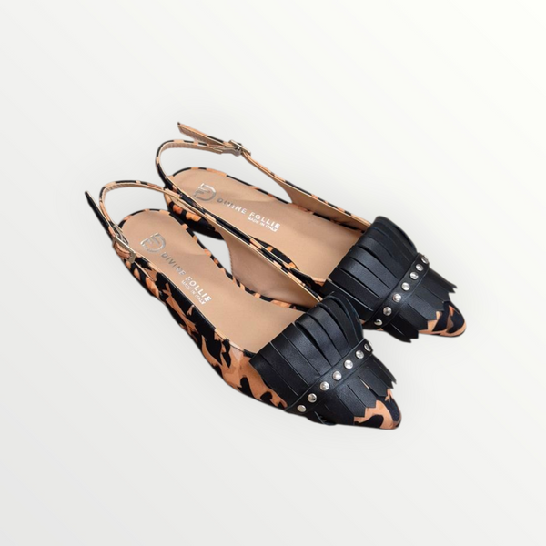 SLINGBACK BASSA IN TESSUTO ANIMALIER E FRANGIA IN PELLE - DIVINE FOLLIE