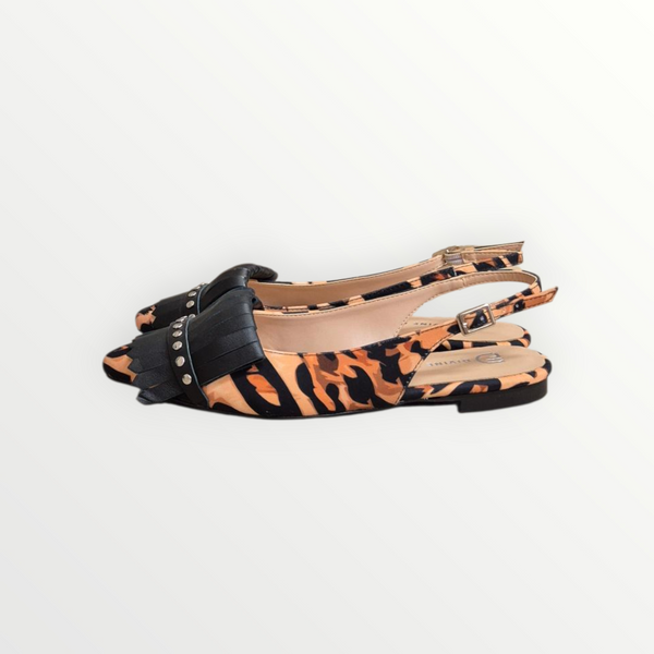 SLINGBACK BASSA IN TESSUTO ANIMALIER E FRANGIA IN PELLE - DIVINE FOLLIE
