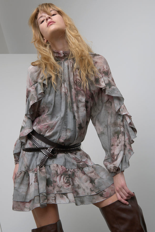 ABITO CORTO CON ROUCHES FANTASIA FLOREALE - SO ALLURE