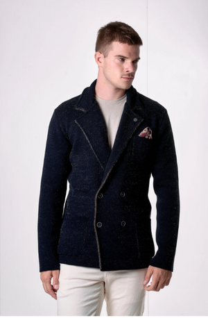 GIACCA DOPPIOPETTO IN FILATO SOFT TOUCH BLU CON POCHETTE IN TESSUTO - V2