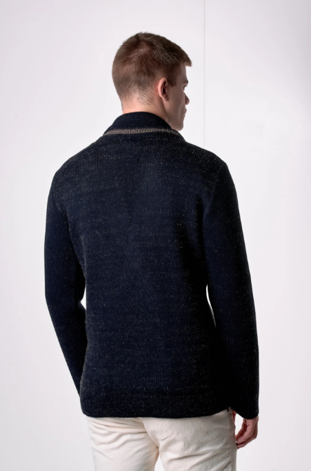 GIACCA DOPPIOPETTO IN FILATO SOFT TOUCH BLU CON POCHETTE IN TESSUTO - V2