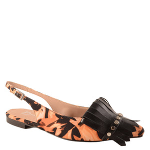 SLINGBACK BASSA IN TESSUTO ANIMALIER E FRANGIA IN PELLE - DIVINE FOLLIE