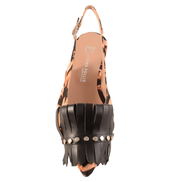 SLINGBACK BASSA IN TESSUTO ANIMALIER E FRANGIA IN PELLE - DIVINE FOLLIE