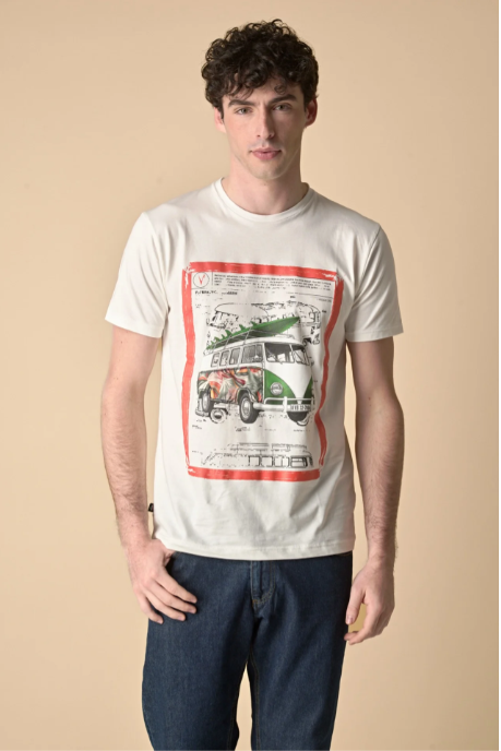 T-SHIRT PANNA STAMPA CAMPER CON INSERTO E INTERNO COLLO IN TESSUTO - V2