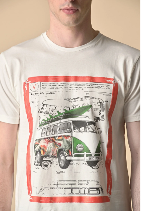 T-SHIRT PANNA STAMPA CAMPER CON INSERTO E INTERNO COLLO IN TESSUTO - V2