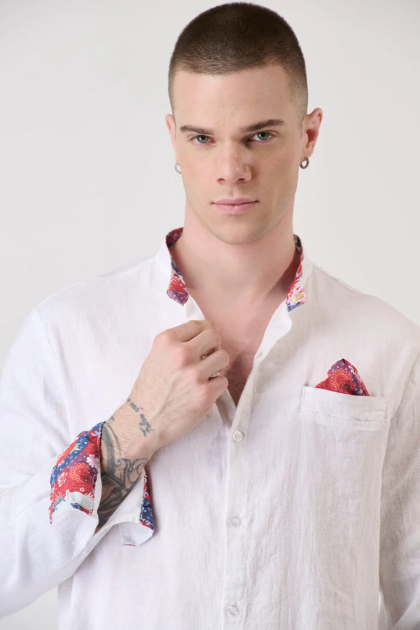 CAMICIA IN LINO BIANCA CON POCHETTE E DETTAGLI IN TESSUTO - V2
