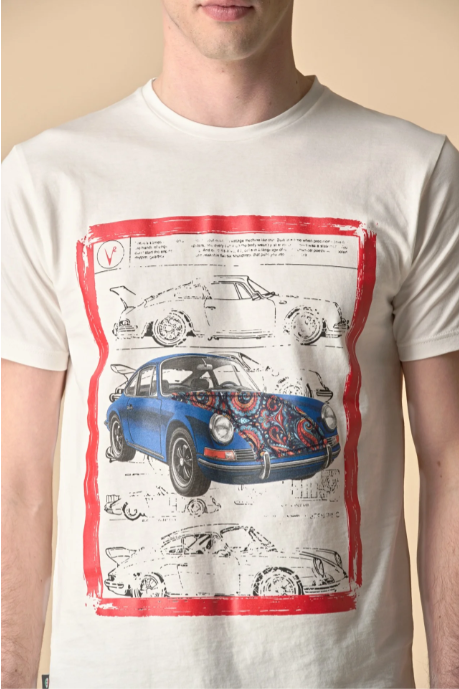 T-SHIRT PANNA STAMPA SUPERCAR CON INSERTO E INTERNO COLLO IN TESSUTO - V2